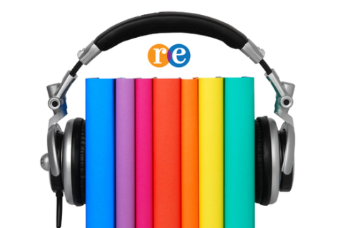 Downloadable Audiobooks at REL Colorful books with headphones and RE logo