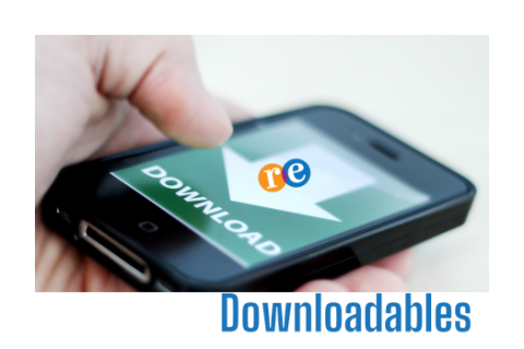Mobile phone device with download on screen and arrow with RE logo; person hand holding phone