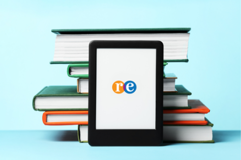 Downloadables at REL Stack of books with tablet device and RE logo