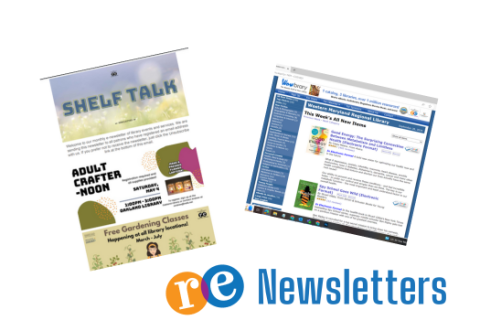Image capture of Shelf Talk newsletter and screen capture of Wowbrary Newsletters