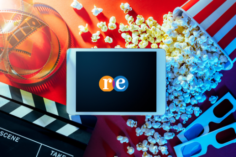 Streaming Movies @ REL Movie clipboard with popcorn and 3D glasses and small digital device with RE logo in center