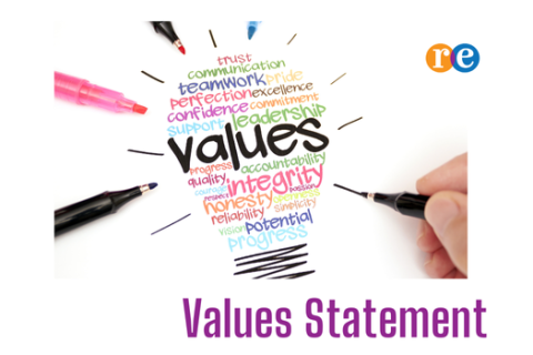 Values Statement @ REL Values image - light bulb with text values; RE logo in upper right corner