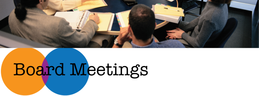 Board Meetings banner; people seated at meeting table with notebooks; orange and blue circle with Board Meetings text
