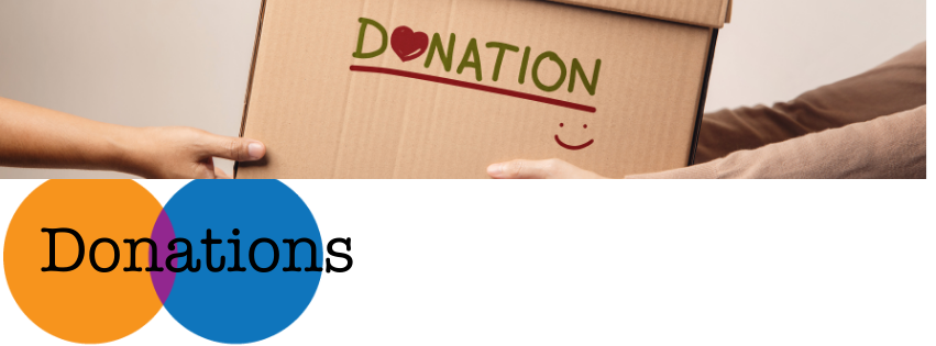 Donations banner - crossed orange & blue circles with purple intersection - photo of Donation box with heart at first O and smile; 2 people exchanging box
