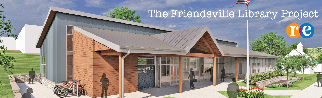 Friendsville drawing of building from architect; text The Friendsville Library Project with RE logo