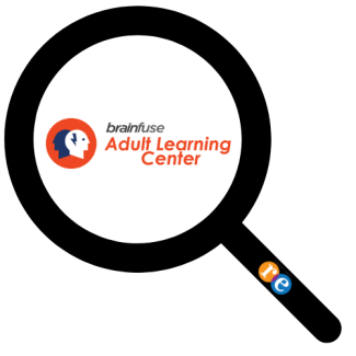 Magnifying glass with RE on handle and Brainfuse's Adult Learning Center logo