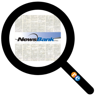 Magnifying glass with RE on handle and newspaper background with Newsbank logo