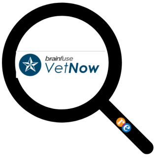 Magnifying glass with RE on handle and brainfuse VetNow logo